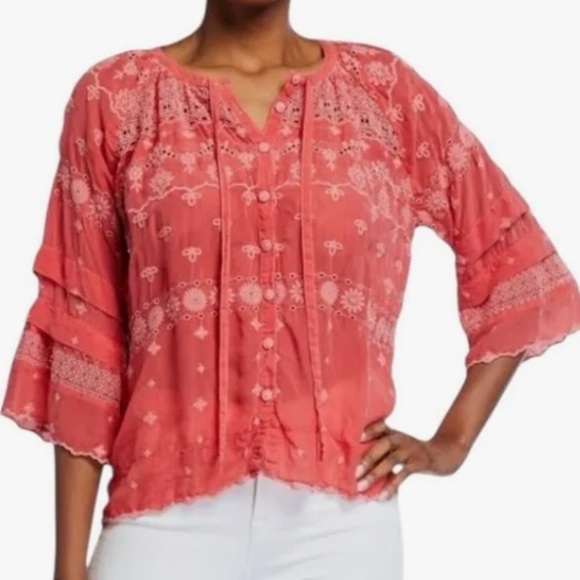 Johnny Was Tay Tie Front Embroidered Eyelet Top Pink Size Small - Picture 1 of 8